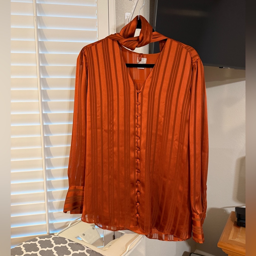 Chico’s Long Sleeve Blouse W/ Scarf, Size 3 (16-18),Partially Lined,Rusty Orange